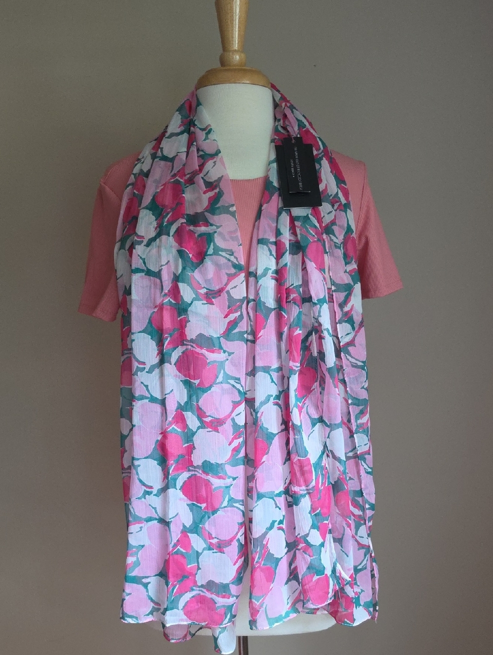 Women's Pink Floral Long Lightweight Scarf, Pink & Green